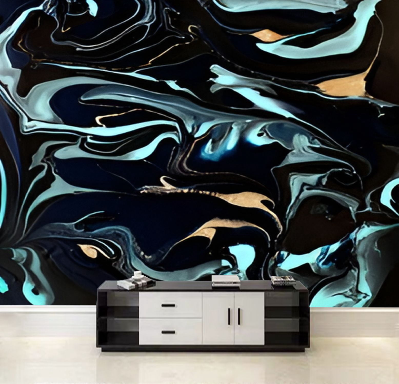 Peel and Stick Wallpaper Marbled dark blue gold abstract Liquid marble ...