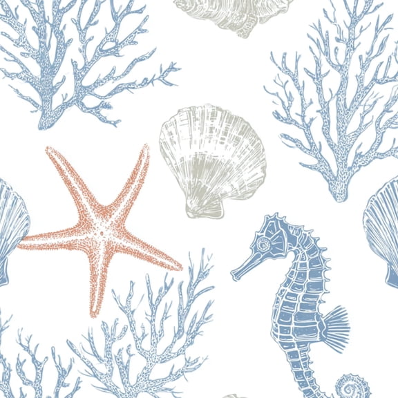 Peel and Stick Wallpaper Marine hand drawn sea shells stars seahorse coral for textiles prints 24in x 118in Contact Paper Removable Self Adhesive Wall Mural Wall Decor for Bedroom Kitchen Cabinets
