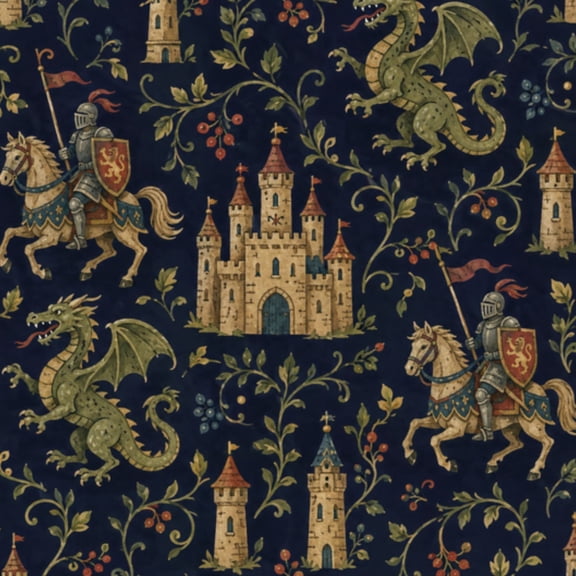 Peel and Stick Wallpaper Medieval seamless castle dragons knights floral elements Fantasy 24in x 118in Contact Paper Removable Self Adhesive Wall Mural Wall Decor for Bedroom Kitchen Cabinets