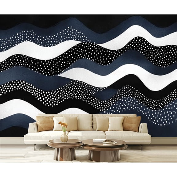 Peel and Stick Wallpaper Mid Century Boho Modern Geometric Lines Black Indigo Wavy Lines Dotted Modern Art Wall Mural Decor Self Adhesive and Removable 69in x 98in