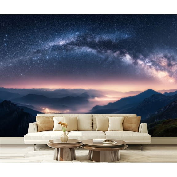 Peel and Stick Wallpaper Milky Way mountains fog night summer Landscape foggy alpine Modern Art Wall Mural Decor Self Adhesive and Removable 69in x 98in