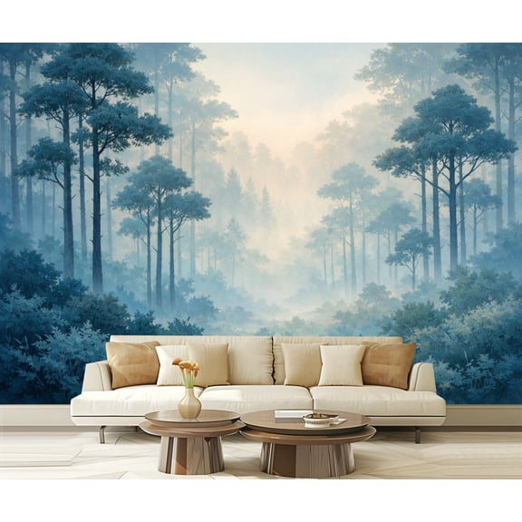 Peel and Stick Wallpaper Misty Forest Landscape Tall Pine Trees Blue Green Foliage Modern Art Wall Mural Decor Self Adhesive and Removable 69in x 98in