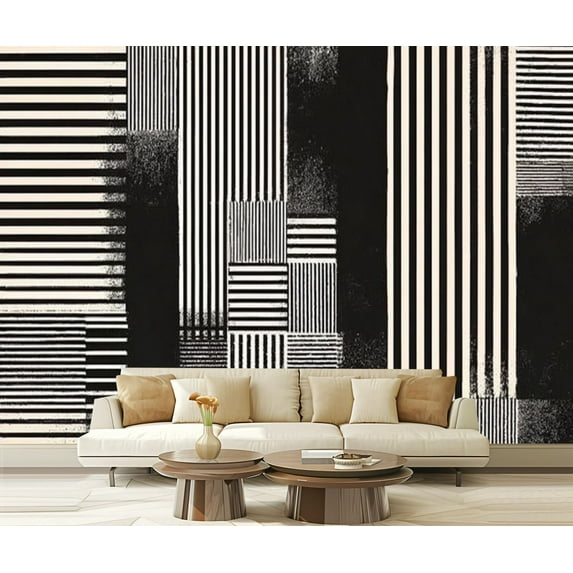 Peel and Stick Wallpaper Modern Minimalist Black Stripes Maze Lines Vintage Boho Charcoal Grey Modern Art Wall Mural Decor Self Adhesive and Removable 69in x 98in