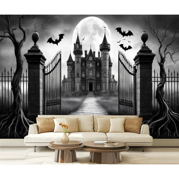 Peel and Stick Wallpaper Modern Murals 3D Full Moon Haunted Mansion Black White Art Mansion Modern Art Wall Mural Decor Self Adhesive and Removable 69in x 98in