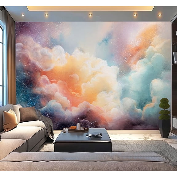 Peel and Stick Wallpaper Modern Rainbow Galaxy Fantasy Repeat Cloud Print Stars Nebula Modern Art Wall Mural Decor Self Adhesive and Removable 100in x 144in