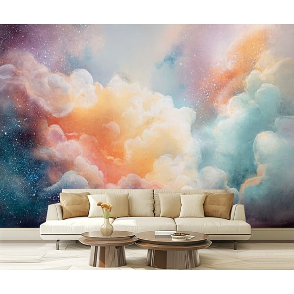 Peel and Stick Wallpaper Waterproof Modern Rainbow Galaxy Fantasy Repeat Cloud Print Stars Nebula Wall Mural Decor Self Adhesive and Removable 69in x 98in