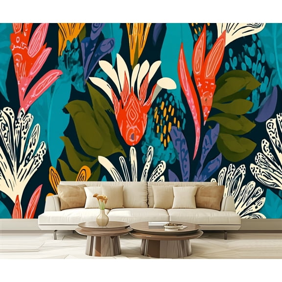 Peel and Stick Wallpaper Modern exotic ethnic floral jungle Collage contemporary seamless Hand 100"x144" Contact Paper Removable Self Adhesive Wall Mural Wall Decor for Bedroom Kitchen Cabinets