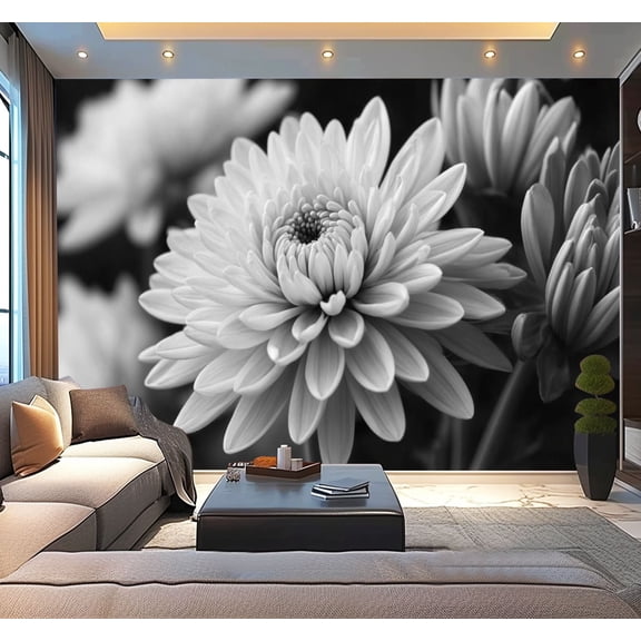 Peel and Stick Wallpaper Monochrome Bouquet Dahlia Flowers Black White Blooming Flowers Petals Modern Art Wall Mural Decor Self Adhesive and Removable 100in x 144in