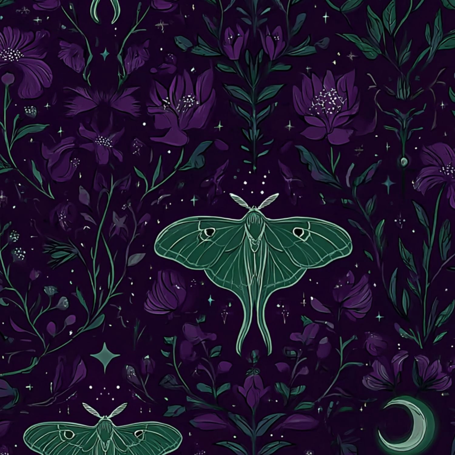 Peel and Stick Wallpaper Moth Floral Night Garden Starry Accents Purple Green Wall Mural 23.6in x 9.8ft Self Adhesive Removable Wall Paper Renter Friendly Wallpaper for Nursery Bedroom Cabinets