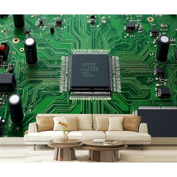 Peel and Stick Wallpaper Motherboard CPU System Chip Core Microprocessor Green Lines Chips Art Modern Art Wall Mural Decor Self Adhesive and Removable 69in x 98in