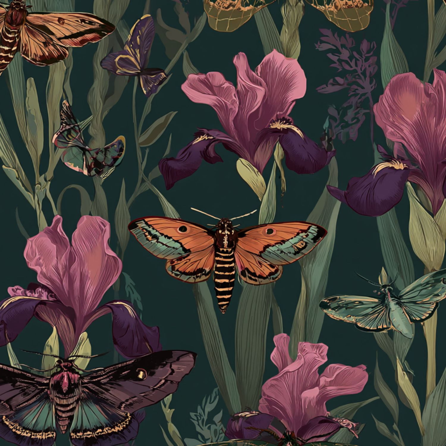 Peel and Stick Wallpaper Moths Butterflies Iris Flowers Dark Botanical Seamless Wall Mural 23.6in x 9.8ft Self Adhesive Removable Wall Paper Renter Friendly Wallpaper for Bedroom Nursery Living Room
