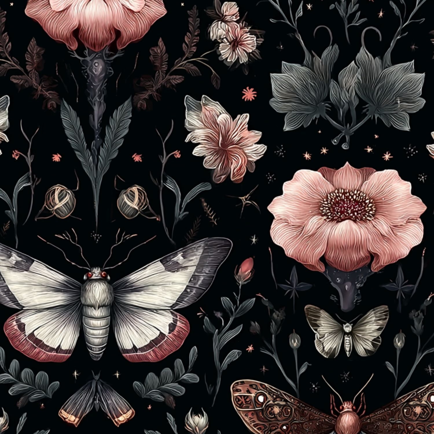 Peel and Stick Wallpaper Moths Floral Pink Flowers Dark Botanical Wall Mural 23.6in x 9.8ft Self Adhesive Removable Wall Paper Renter Friendly Wallpaper for Nursery Bedroom Cabinets