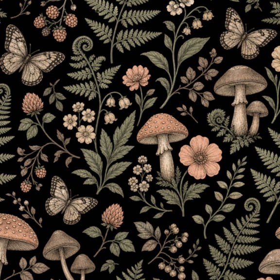 Peel and Stick Wallpaper Mushrooms Black Vintage Woodland Fern Moth Mushroom Fern Leaf 24in x 118in Contact Paper Removable Self Adhesive Wall Mural Wall Decor for Bedroom Kitchen Cabinets