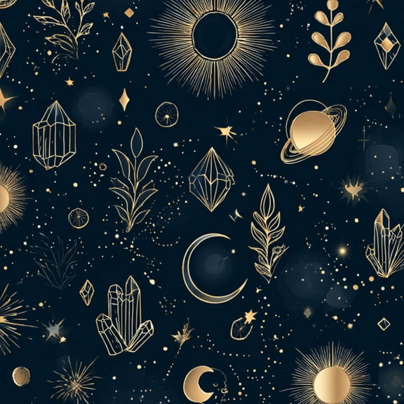 Peel and Stick Wallpaper Mystical Cosmic Gold Stars Crystals Moon Sun Planet Wall Mural 17.7in x 9.8ft Self Adhesive Removable Wall Paper Renter Friendly Wallpaper for Nursery Bedroom Cabinets