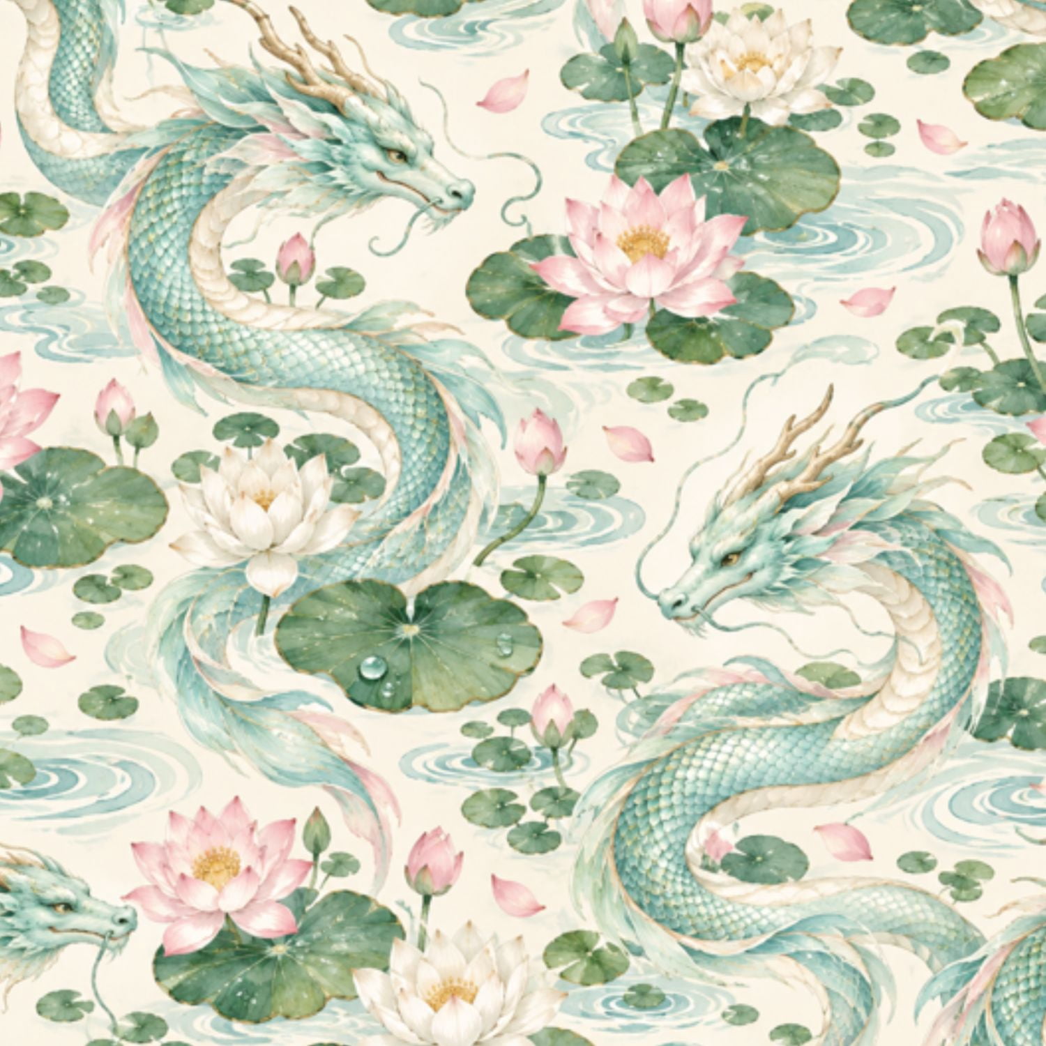 Peel and Stick Wallpaper Mythical white dragon Lotus Flowers Misty ...