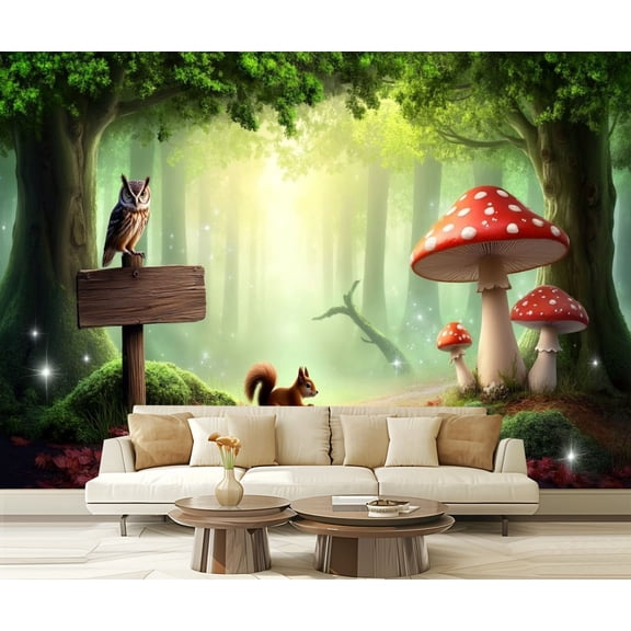 Peel and Stick Wallpaper Nature Landscape Owl Wooden Signpost Squirrel Giant Mushrooms Moss Modern Art Wall Mural Decor Self Adhesive and Removable 69in x 98in