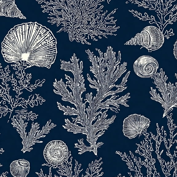 Peel and Stick Wallpaper Nautical Seashell Seaweed Navy Blue 17.7in x 118in Contact Paper Removable Self Adhesive Wall Mural Wall Decor for Bedroom Kitchen Cabinets