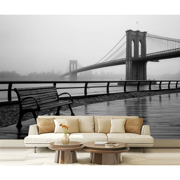 Peel and Stick Wallpaper New York City Empty Benches Wooden Boardwalk Metal Railings Bridge Modern Art Wall Mural Decor Self Adhesive and Removable 69in x 98in