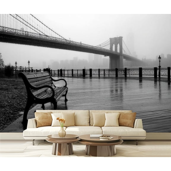 Peel and Stick Wallpaper New York City Empty Benches Wooden Boardwalk Metal Railings Bridge Modern Art Wall Mural Decor Self Adhesive and Removable 69in x 98in