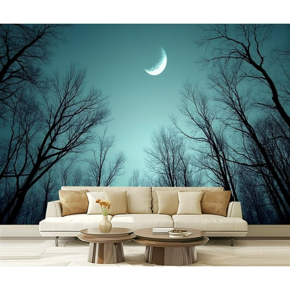Peel and Stick Wallpaper Night Forest Vintage Bare Trees Moon Sky Silhouettes Fog Painting Soft Modern Art Wall Mural Decor Self Adhesive and Removable 69in x 98in