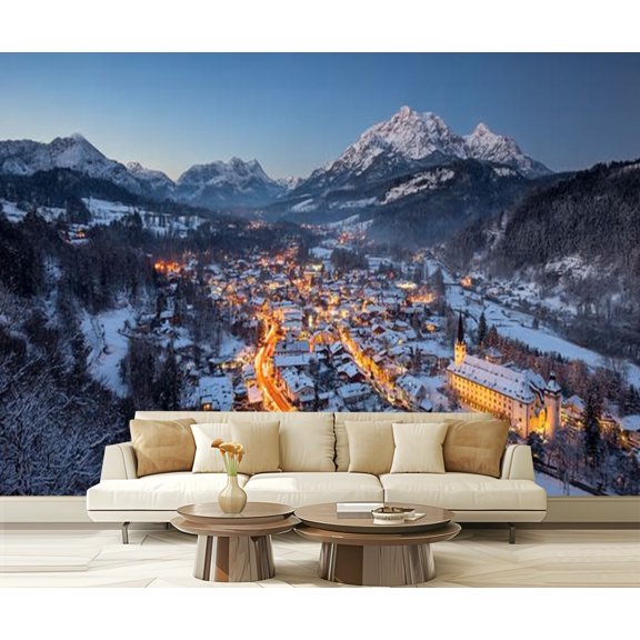 Peel and Stick Wallpaper Night winter aerial panorama Berchtesgaden old town Germany Modern Art Wall Mural Decor Self Adhesive and Removable 69in x 98in