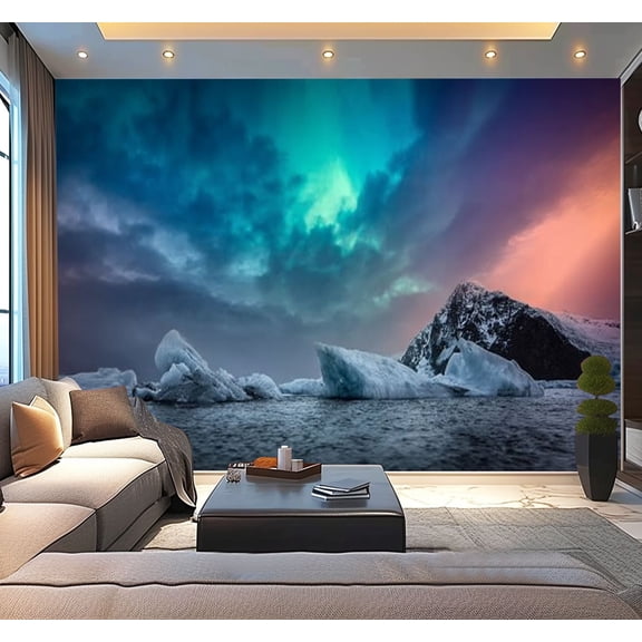 Peel and Stick Wallpaper Northern lights borealis Jokulsarlon glacier ice lagoon Modern Art Wall Mural Decor Self Adhesive and Removable 100in x 144in