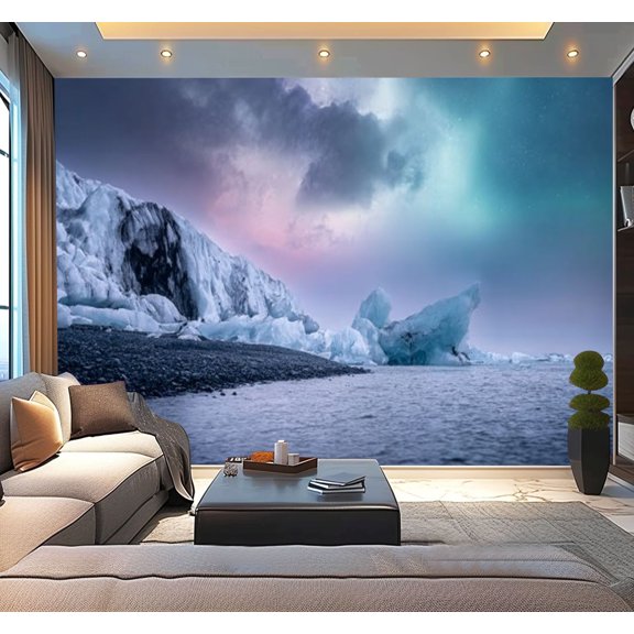 Peel and Stick Wallpaper Northern lights borealis Jokulsarlon glacier ice lagoon Modern Art Wall Mural Decor Self Adhesive and Removable 100in x 144in