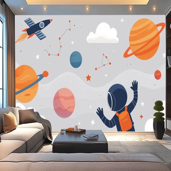Peel and Stick Wallpaper Nursery Cartoon Space Planet Boy Astronaut Character Rocket Ship Modern Art Wall Mural Decor Self Adhesive and Removable 100in x 144in