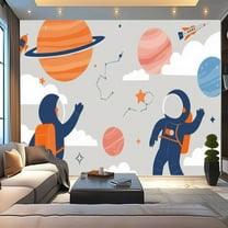 Peel and Stick Wallpaper Nursery Cartoon Space Planet Boy Astronaut Character Rocket Ship Modern Art Wall Mural Decor Self Adhesive and Removable 100in x 144in