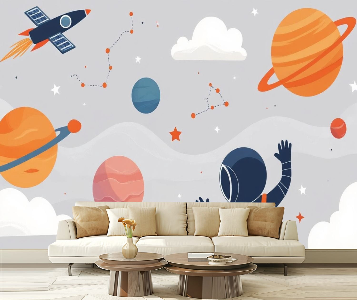 Peel and Stick Wallpaper Nursery Cartoon Space Planet Boy Astronaut Character Rocket Ship Modern Art Wall Mural Decor Self Adhesive and Removable 69in x 98in