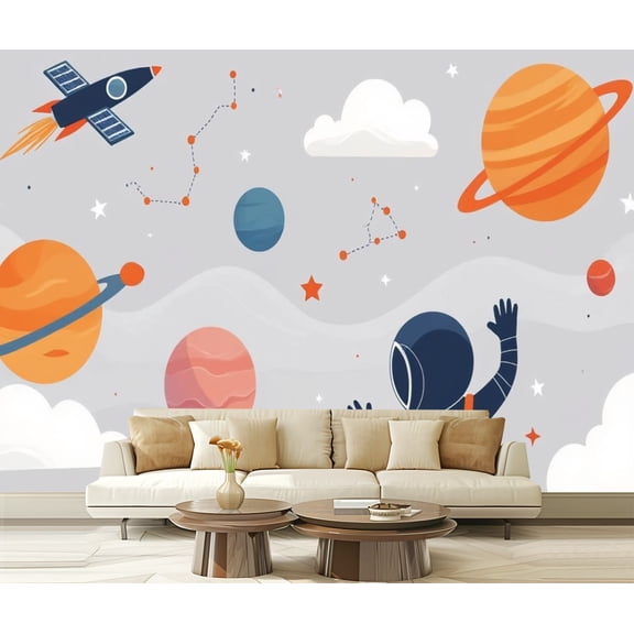Peel and Stick Wallpaper Nursery Cartoon Space Planet Boy Astronaut Character Rocket Ship Modern Art Wall Mural Decor Self Adhesive and Removable 69in x 98in