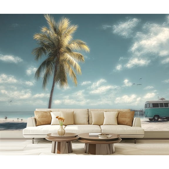 Peel and Stick Wallpaper Ocean Beach Coastal Seascape Mint Green Tropical Turquoise Palm Tree Modern Art Wall Mural Decor Self Adhesive and Removable 69in x 98in