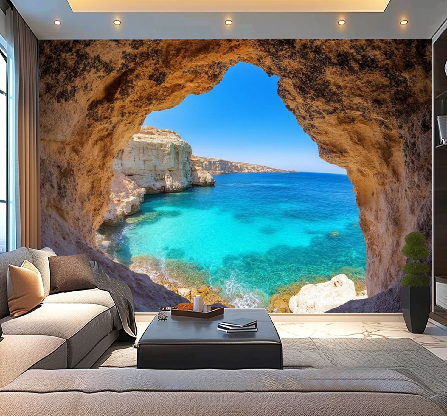 Peel and Stick Wallpaper Ocean Cave 3D Peel Stick Large Poster Kitchen Bedroom Living Room Home Modern Art Wall Mural Decor Self Adhesive and Removable 100in x 144in