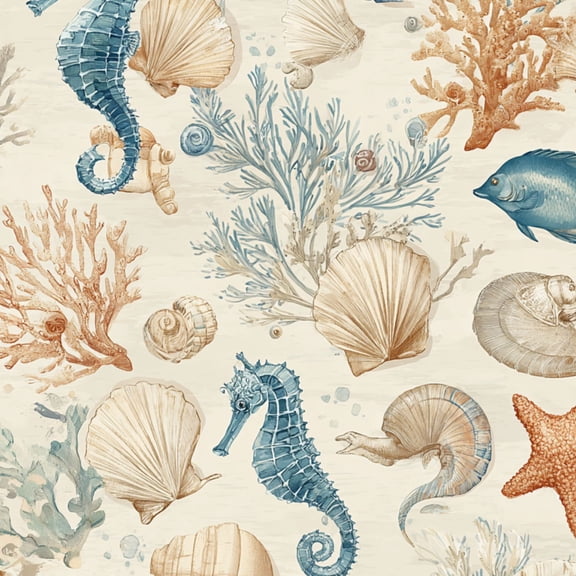Peel and Stick Wallpaper Ocean Themed Seahorses Seashells Coral Starfish Blue Beige Wall Mural 23.6in x 9.8ft Self Adhesive Removable Wall Paper Renter Friendly Wallpaper for Bedroom Nursery