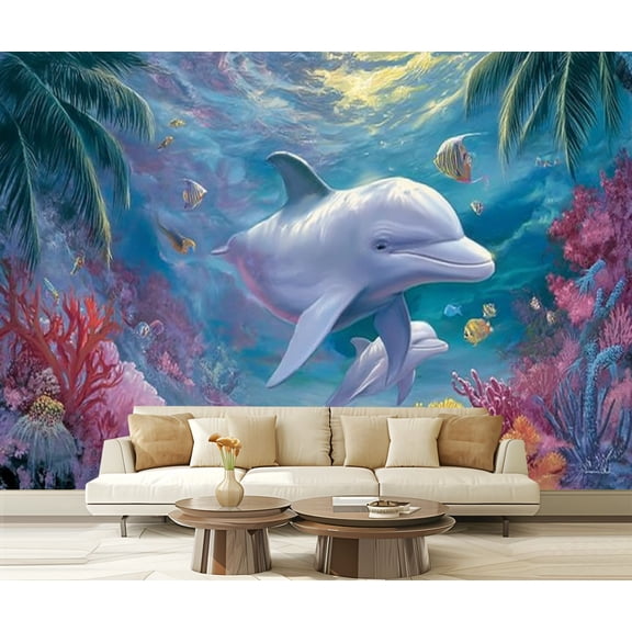 Peel and Stick Wallpaper Ocean White Gull Dolphin Wall Mural Dolphins Coral Reefs Tropical Fish Modern Art Wall Mural Decor Self Adhesive and Removable 69in x 98in