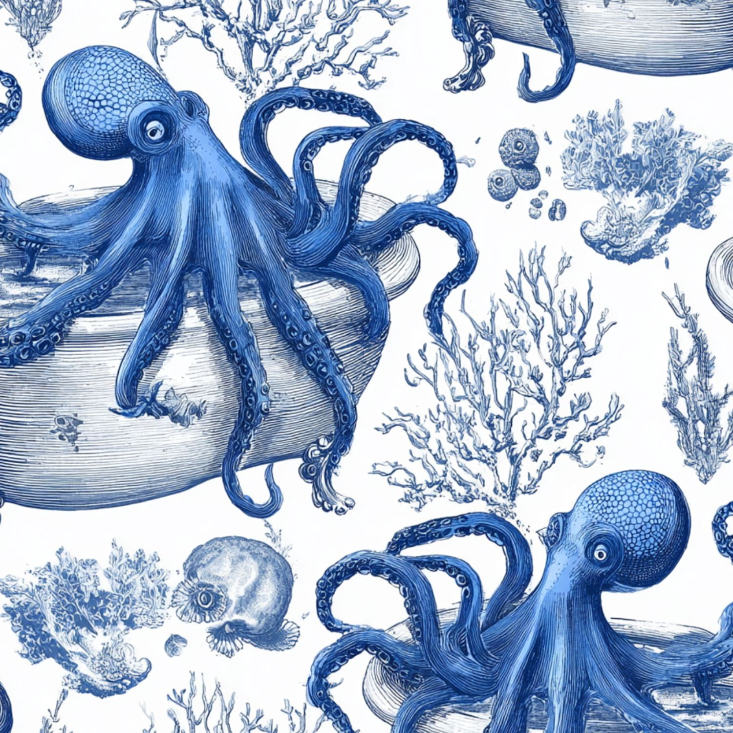 Peel and Stick Wallpaper Octopus Blue Vintage Engraving Marine Style Wall Mural 23.6in x 9.8ft Self Adhesive Removable Wall Paper Renter Friendly Wallpaper for Nursery Bedroom Cabinets