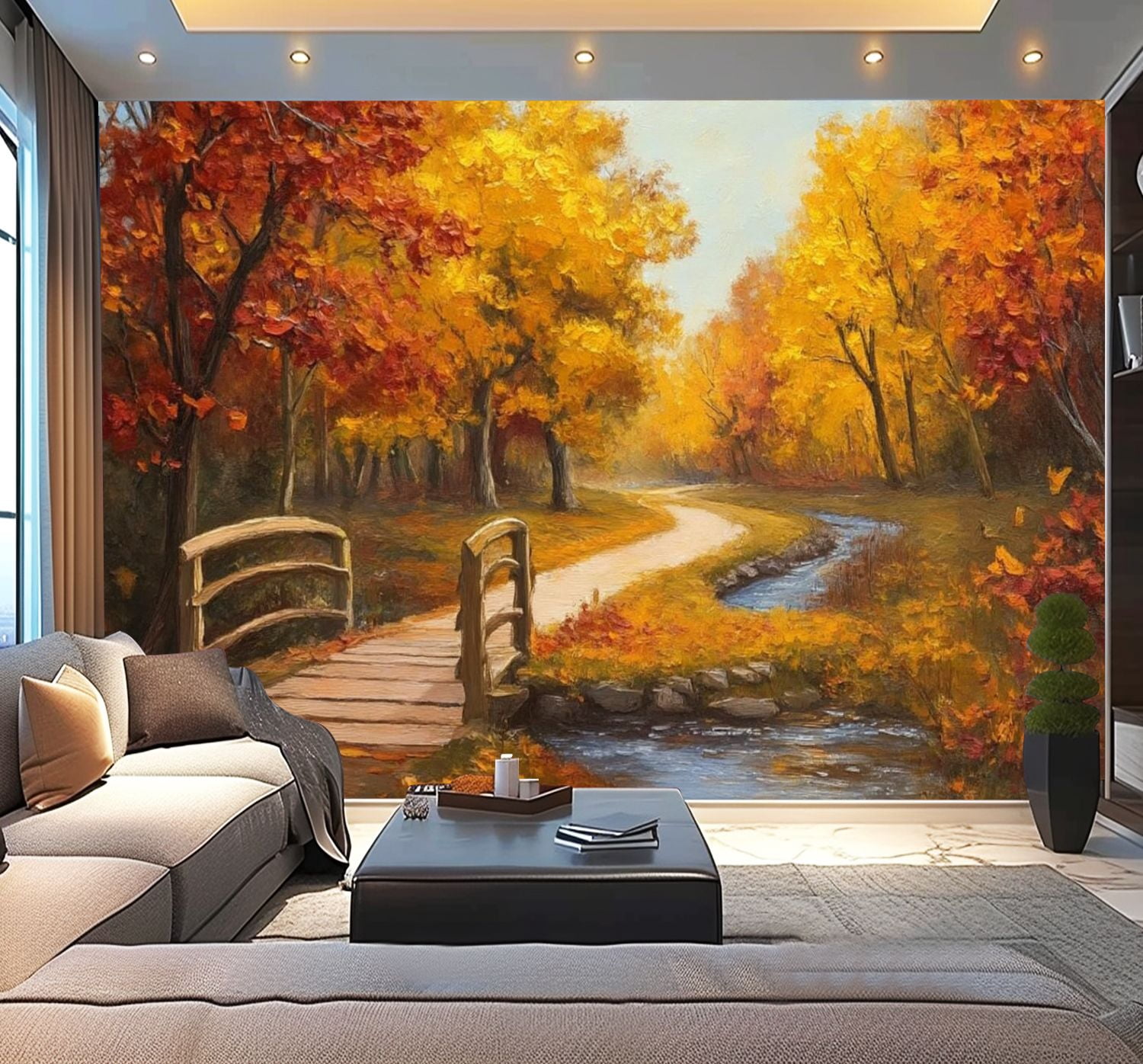 Peel and Stick Wallpaper Oil Painting Autumn Forest River Bright Red Leaves Colorful Bridge Modern Art Wall Mural Decor Self Adhesive and Removable 100in x 144in