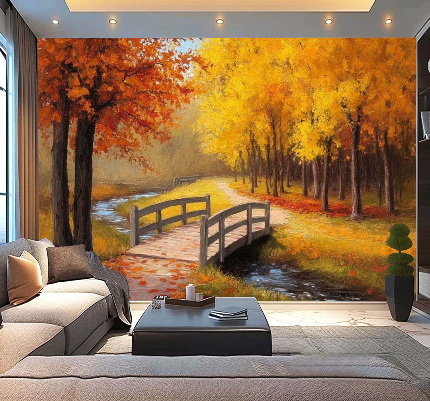 Peel and Stick Wallpaper Oil Painting Autumn Forest River Bright Red Leaves Colorful Bridge Modern Art Wall Mural Decor Self Adhesive and Removable 100in x 144in