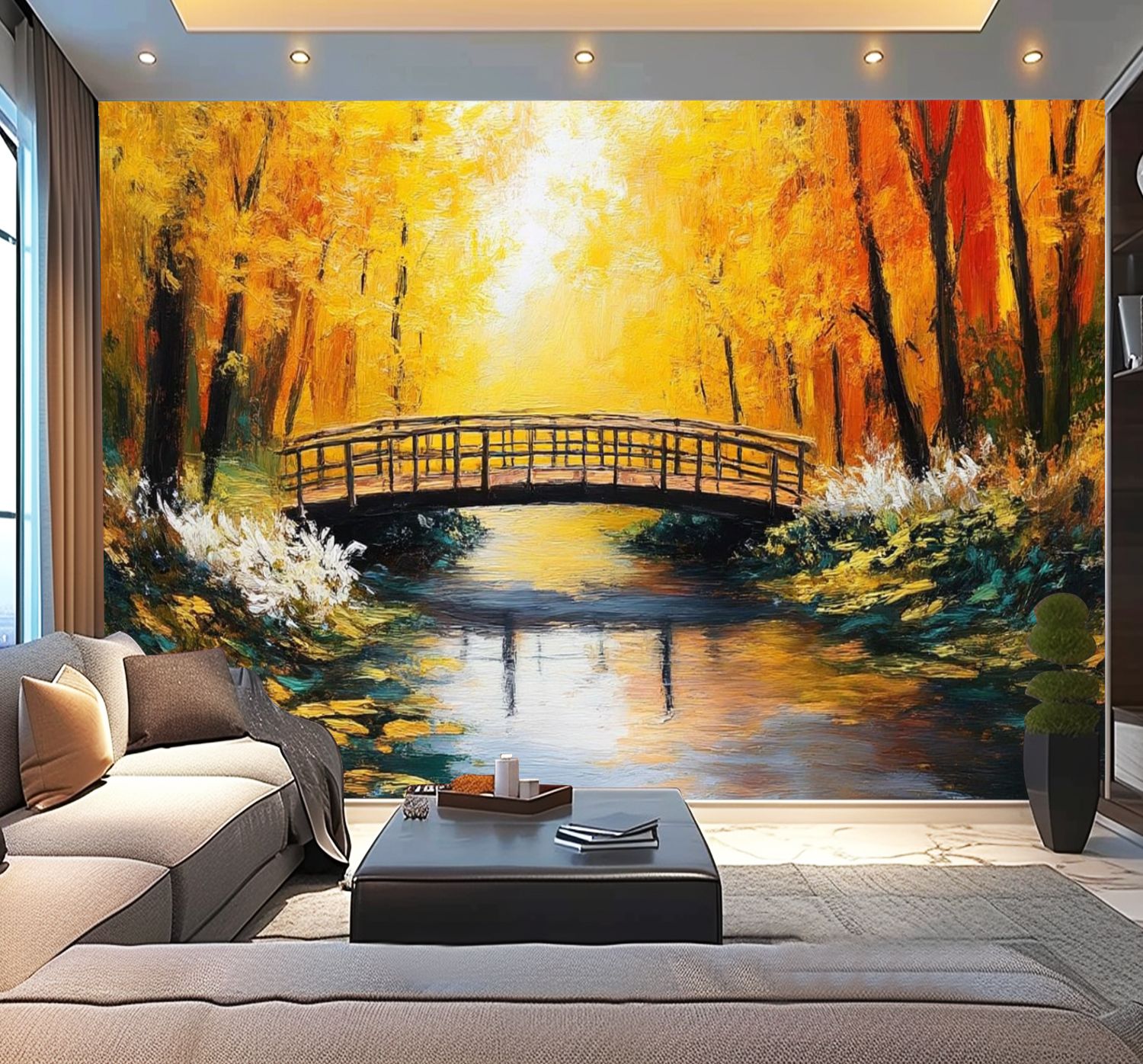 Peel and Stick Wallpaper Oil Painting Landscape Colorful Autumn Forest Beautiful River Autumn Modern Art Wall Mural Decor Self Adhesive and Removable 100in x 144in