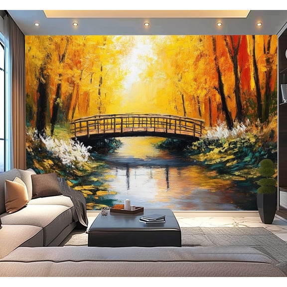 Peel and Stick Wallpaper Oil Painting Landscape Colorful Autumn Forest Beautiful River Autumn Modern Art Wall Mural Decor Self Adhesive and Removable 100in x 144in