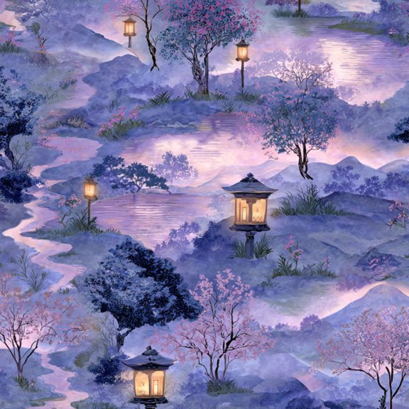 Peel and Stick Wallpaper Oriental Watercolor Landscape Lantern Lit Paths Wall Paper 23.6in x 9.8ft Self Adhesive Waterproof Removable Boho Contact Paper for Bedroom Bathroom Shelves Cabinet