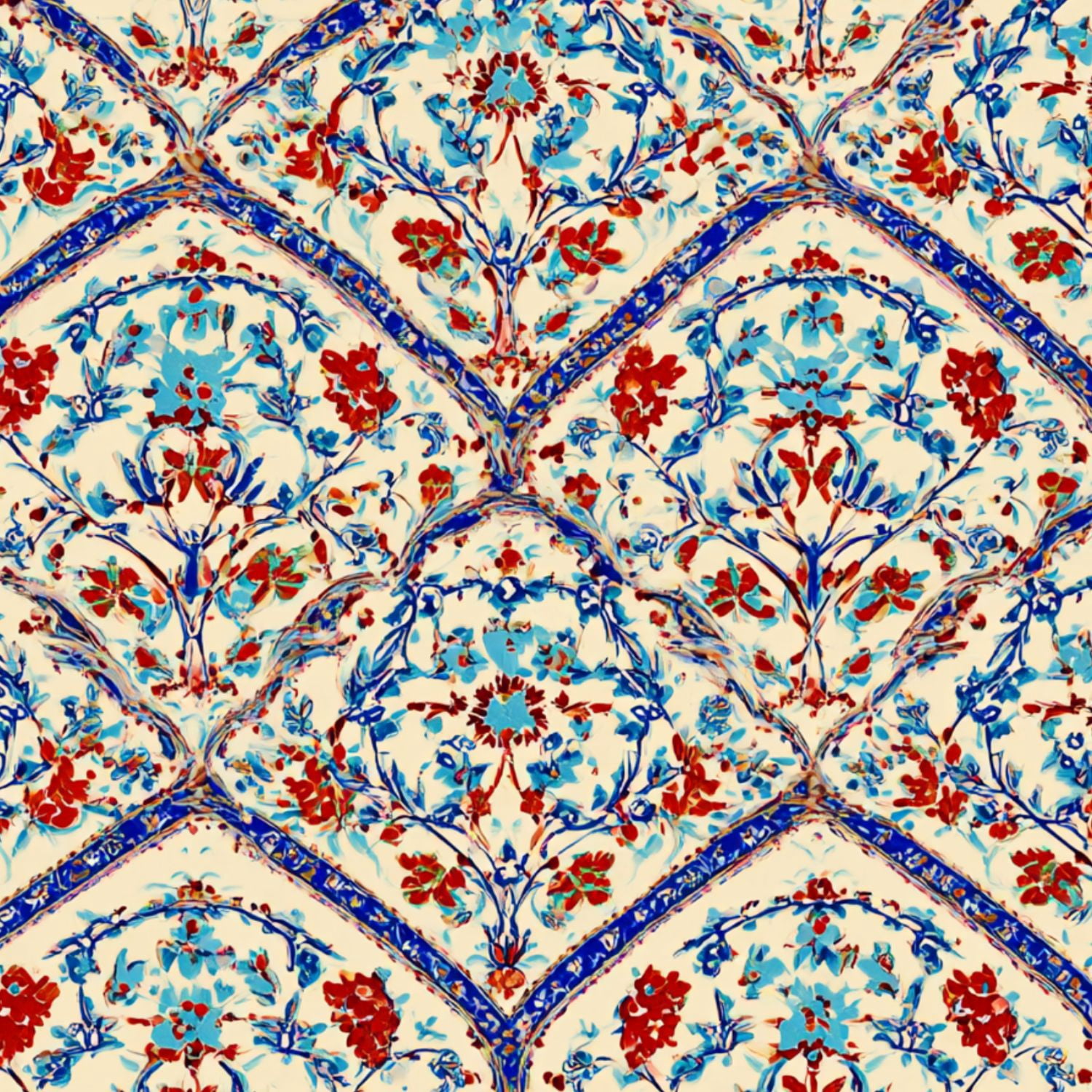 Peel and Stick Wallpaper Ornate Floral Blue Red Details Soft Beige Wall Mural 17.7in x 9.8ft Self Adhesive Removable Wall Paper Renter Friendly Wallpaper for Bedroom Livingroom Office