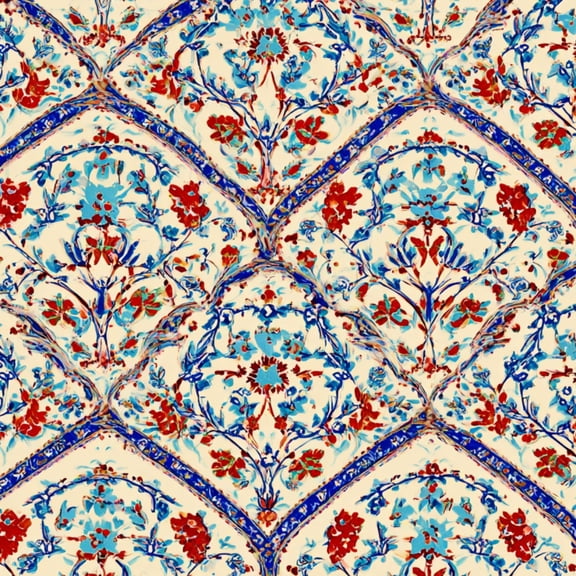 Peel and Stick Wallpaper Ornate Floral Blue Red Details Soft Beige Wall Mural 17.7in x 9.8ft Self Adhesive Removable Wall Paper Renter Friendly Wallpaper for Bedroom Livingroom Office