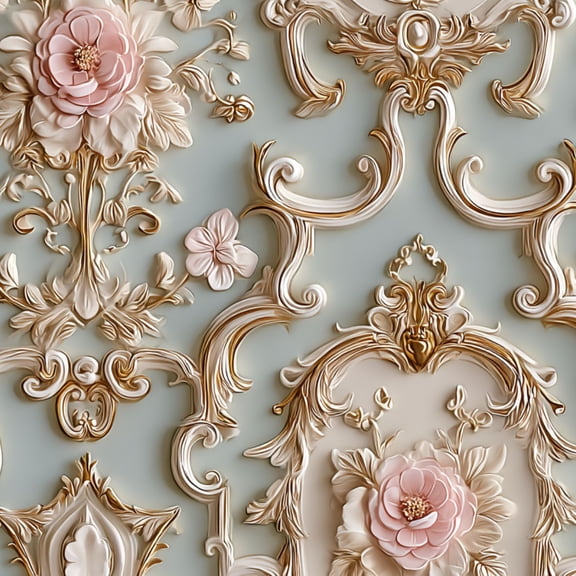 Peel and Stick Wallpaper Ornate Floral Design Soft Pink Flowers Gold Accents Elegant Blue Wall Mural 23.6in x 9.8ft Self Adhesive Removable Wall Paper Renter Friendly Wallpaper for Bedroom