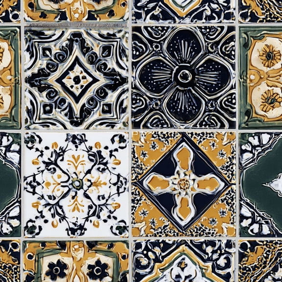 Peel and Stick Wallpaper Ornate Traditional Tile Navy Blue White Mustard Yellow Wall Mural 17.7in x 9.8ft Self Adhesive Removable Wall Paper Renter Friendly Wallpaper for Nursery Bedroom Cabinets