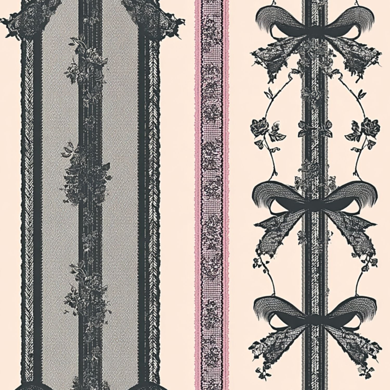 Peel and Stick Wallpaper Ornate Victorian Ribbon Floral Stripe Soft Pink Black Wall Mural 17.7in x 9.8ft Self Adhesive Removable Wall Paper Renter Friendly Wallpaper for Bedroom