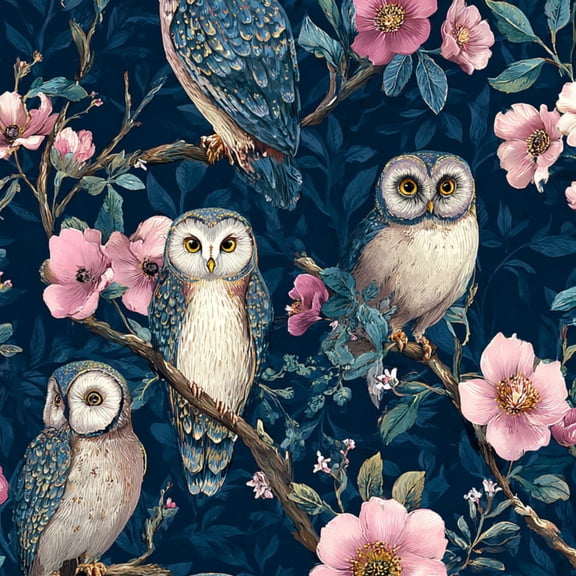 Peel and Stick Wallpaper Owl Pink Wildflower Botanical Dark Blue wildlife forest Wall Mural 17.7in x 9.8ft Self Adhesive Removable Wall Paper Renter Friendly Wallpaper for Kids Bedroom Nursery