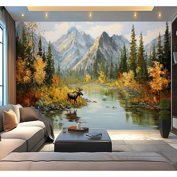 Peel and Stick Wallpaper Painting Majestic Rustic Wild Animal Elk Deer Forest Mountain River Modern Art Wall Mural Decor Self Adhesive and Removable 100in x 144in