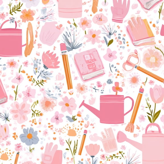 Peel and Stick Wallpaper Pastel Floral Gardening Books Watering Cans pink Wall Mural 23.6in x 9.8ft Self Adhesive Removable Wall Paper Renter Friendly Wallpaper for Girls Bedroom Livingroom Nursery