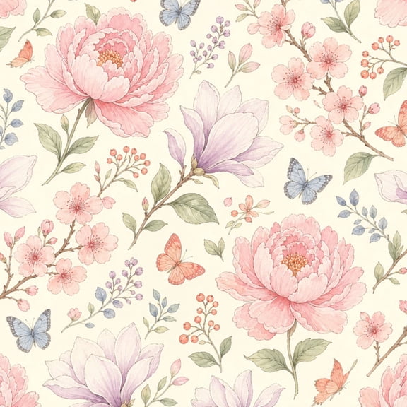 Peel and Stick Wallpaper Pastel Floral Seamless Peonies Magnolia Blossoms Butterflies 17.7in x 118in Contact Paper Removable Self Adhesive Wall Mural Wall Decor for Bedroom Kitchen Cabinets